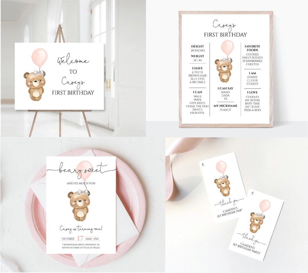 Girl First Birthday Party Bundle Girl Teddy Bear Birthday Party Invite ...