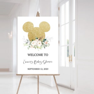 Minnie Baby Shower Welcome Sign | Floral Minnie Party Sign | Pink and Gold Minnie Birthday Party Sign | Templett | Instant Download | N54b