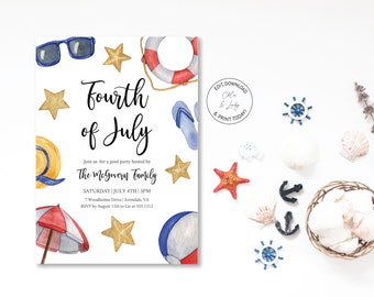 Fourth of July Pool Party Invitation | July 4th Birthday Party Invite | Templett | Instant Download | N159