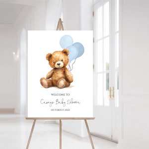 Cartello di benvenuto per baby shower con orsetto blu / Cartello per baby shower con orsetto / Cartello stampabile per baby shower per bambini / Templett / Download immediato / N65b