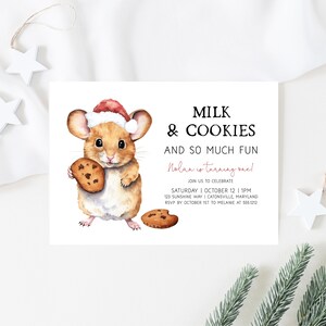 Santa Mouse Milk and Cookies Birthday invitation, INSTANT DOWNLOAD, EDITABLE Minimalist Printable Milk & Cookies Templett invite n578