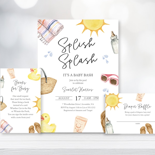 Baby Shower by the Pool Invitation Template | Instant Download | Printable Gender Neutral Pool Party Baby Shower Invitation Bundle | N143