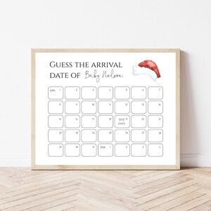 Santa Guess Baby&#39;s Due Date Calendar Baby Shower Game Sign | Gender Neutral Baby Shower Decor | Editable Template Instant Download | N94