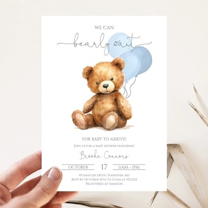 Blue Teddy Bear Baby Shower Invitation | Boy Baby Shower Invite | We can Bearly Wait Invite | Templett | Instant Download | N65B