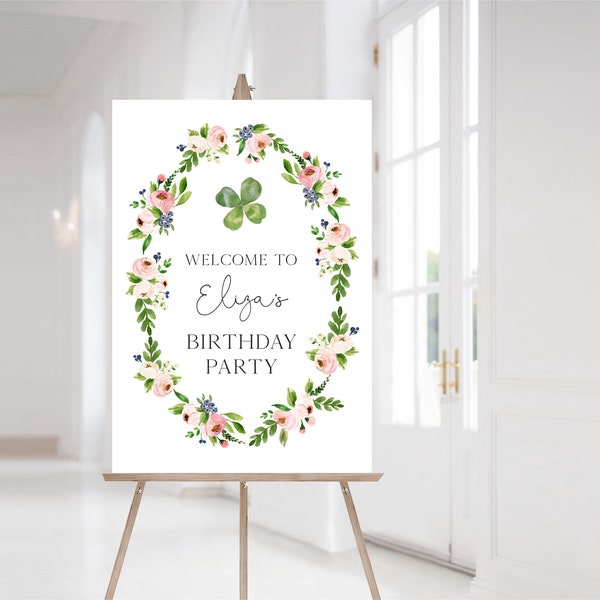 Shamrock Birthday Party Welcome Sign | Pink St Patricks Day Birthday Party Sign | Instant Download | Lucky One Birthday Party Invite | N208