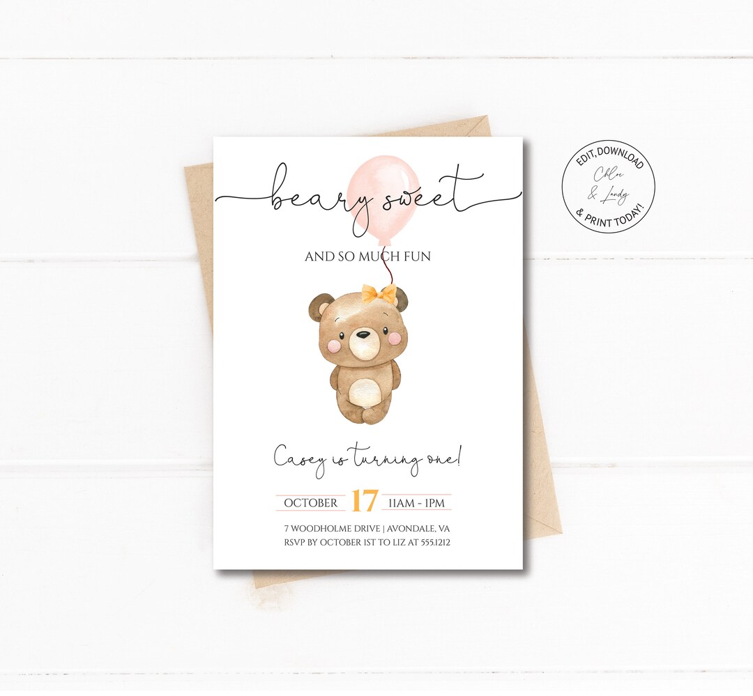 Girl First Birthday Party Invitation Girl Teddy Bear Birthday Party ...