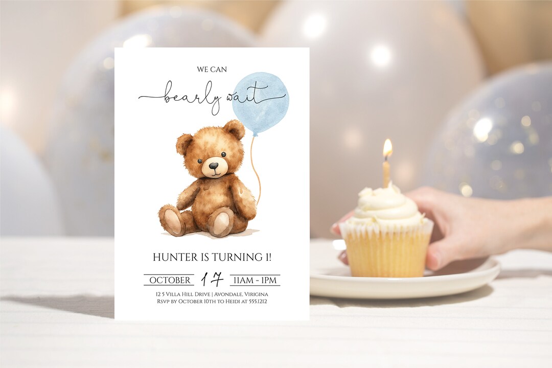 Boy First Birthday Party Invitation | Blue Teddy Bear Birthday Party ...