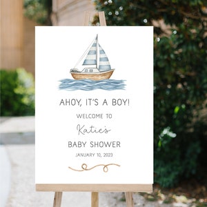 Sailboat Baby Shower Welcome Sign, Boy Baby Shower SignTemplate, Ahoy It&#39;s a Boy, Nautical Baby Shower, Marine Baby Shower, n390