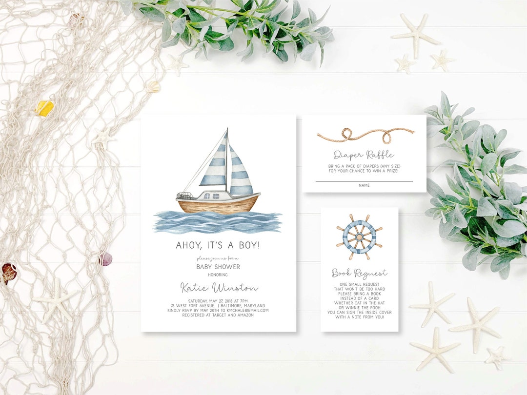 Sailboat Baby Shower Invitation Bundle, Boy Baby Shower Invitation