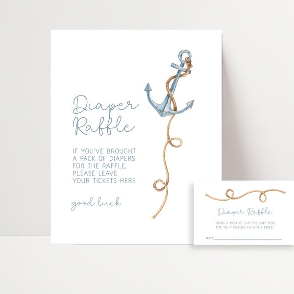 Nautical Baby Shower Diaper Sign and Diaper Raffle Card | Anchor printable baby shower sign | Editable Sign | Templett | N390