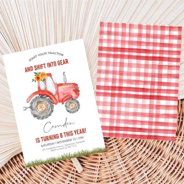 Red Tractor Birthday Party Invitation, Editable Girl 1st Birthday Farm Theme Birthday Invite Template, Digital Invite