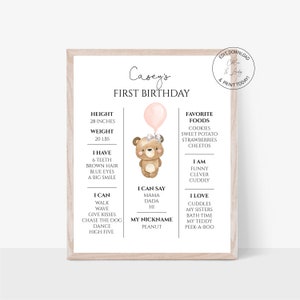 Girl First Year Milestones Invitation | Printable Teddy Bear Birthday Sign | Bear First Birthday Sign | Templett | Instant Download | N43