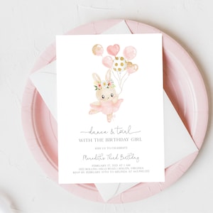 Ballerina Geburtstagseinladung | Tutu Geburtstagseinladung | Mädchen Hase Einladung | Bearbeitbare Vorlage | Sofort Download | N206