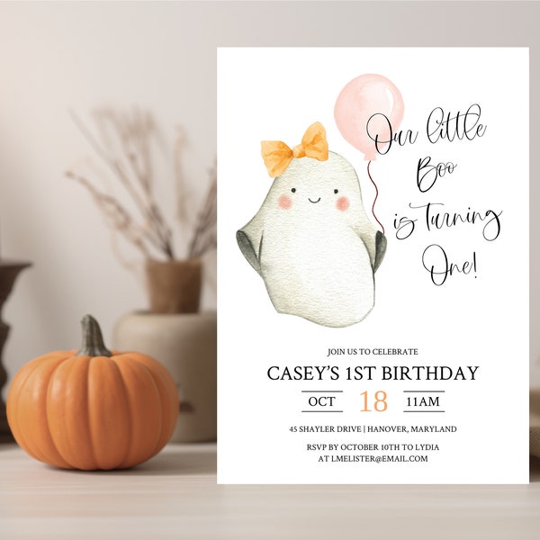 Ghost Birthday Party Invitation | Girl First Birthday Party Invite | Fall Birthday Party Invite | Our Little Boo | Instant Download | N37