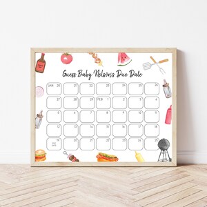 BBQ Guess Baby&#39;s Due Date Calendar Baby Shower Game Sign | Gender Neutral Baby Shower Decor | Editable Template Instant Download | M134