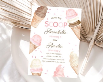 Editable Double the Scoops Twin Birthday Ice Cream Invitation -   Portugal