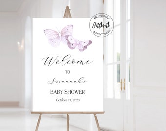 Purple Butterfly Baby Shower Welcome Sign | Butterflies Party Sign | printable baby shower sign | Editable Sign | Templett | N76P