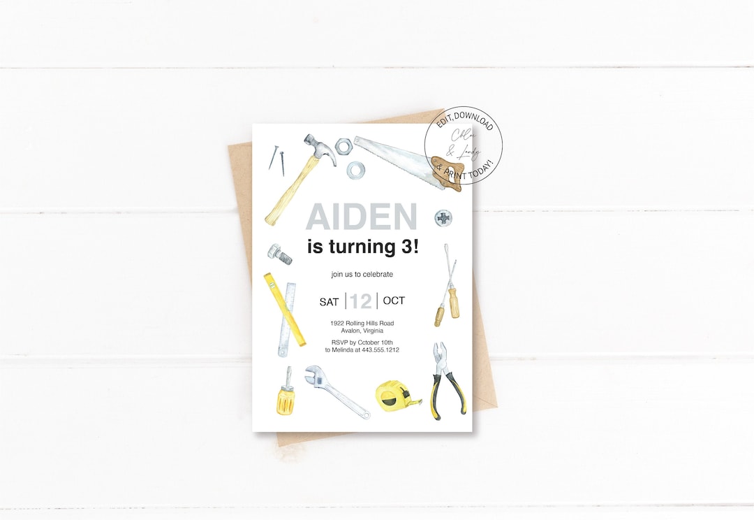 Tools Birthday Party Invitation Editable Boy Birthday Party Template ...
