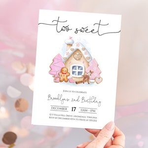 Pink Winter Second Birthday Party Invite | Two Sweet Girl Gingerbread Birthday Party Invite | Winter girl birthday | Instant Download | N444