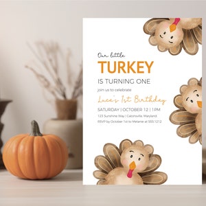 Turkey 1st Birthday Party Invite | Boy Thanksgiving Our Little Turkey is One Fall First Birthday, Boy Fall Invitation