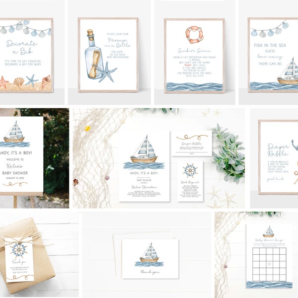 Sailboat Baby Shower Invitation Bundle, Boy Baby Shower Invitation Template, Ahoy It's a Boy, Nautical Baby Shower Package, n390