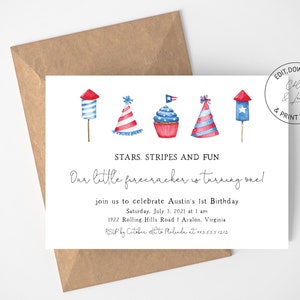 Fourth of July Birthday Invitation | Our Little Firecracker | July 4th First Birthday Party Invite | Templett | Instant Download | N154b