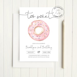 Donut Birthday Party Invitation | Two Sweet Girl Second Birthday Party Invite | Pink Donut Birthday Invitation | Instant Download | N141