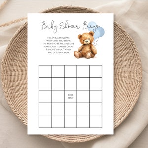 Blaue Teddy Bär-Babyparty-Bingo-Vorlage | Teddy Bär-Babyparty-Spiel | Sofortdownload | Druckbar | N65b