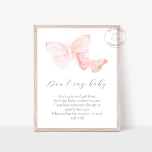 Blush Butterfly Don&#39;t say Baby Sign | Butterfly baby Shower Game | Editable baby Shower Game | Templett | Instant Download | N131