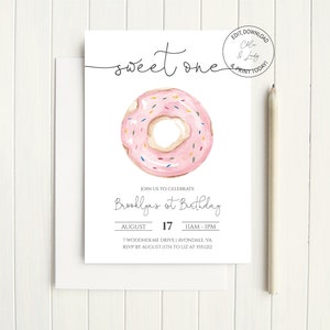 Donut First Birthday Party Invite | Sweet One Girl Second Birthday Party Invite | Pink Donut Birthday Invitation | Instant Download | N141