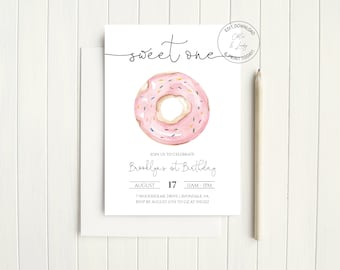 Donut First Birthday Party Invite / Sweet One Girl Second Birthday Party Invite / Pink Donut Birthday Invitation / Instant Download / N141