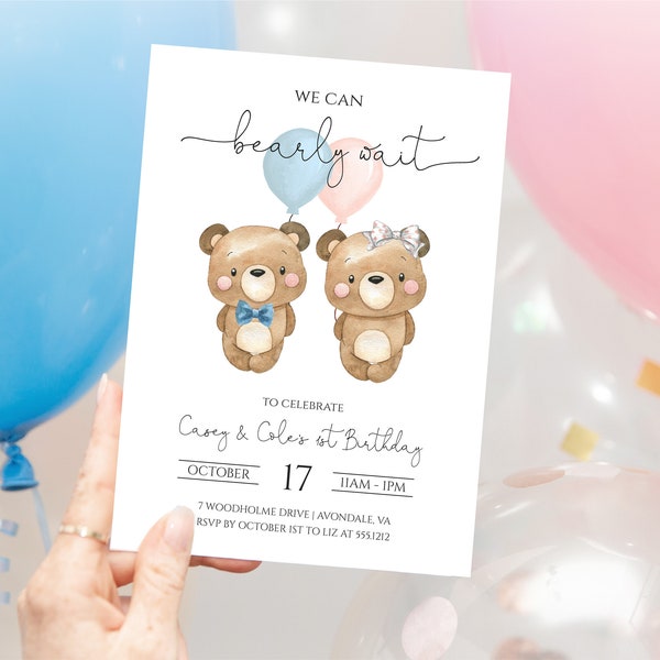 Twin First Birthday Party Invitation | Teddy Bear Birthday Invite | Boy Girl Twin Birthday Party Invite Templett | Instant Download | N41