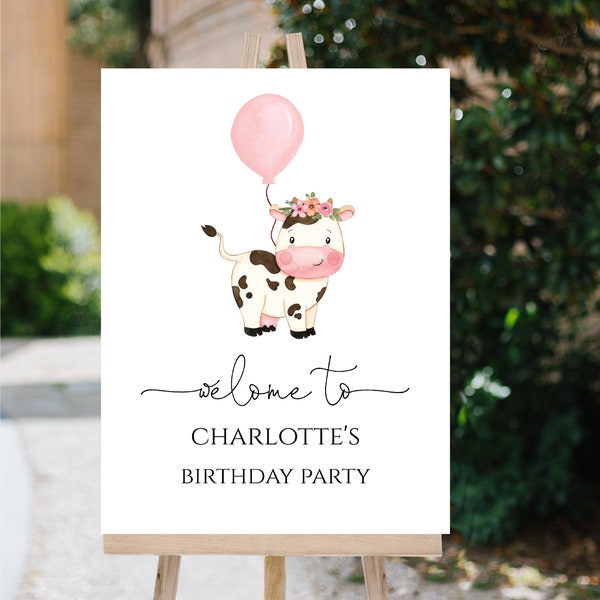 Cow Birthday Party Welcome Sign | Pink Cow Party Sign | Girl Barnyard Birthday Party Sign | Templett | Instant Download | N43