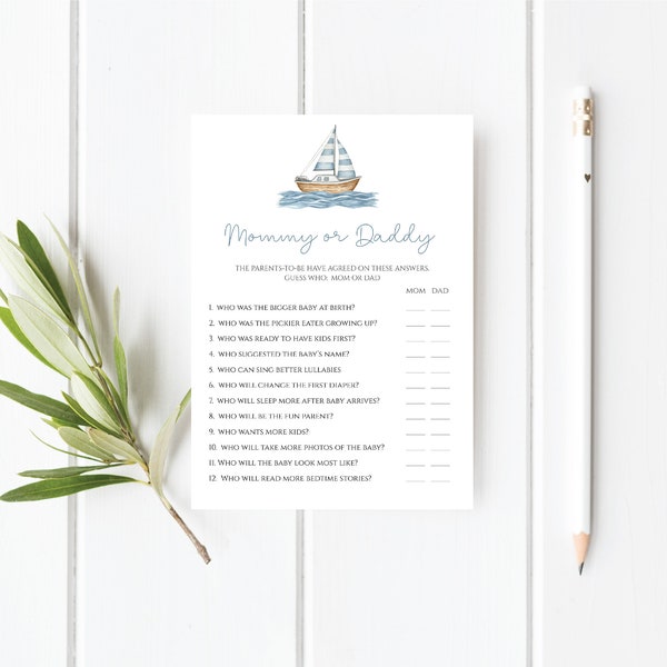 Nautical Baby Shower Mommy or Daddy Game Template | Sailboat Baby Shower Game | Instant Download | Printable | N390