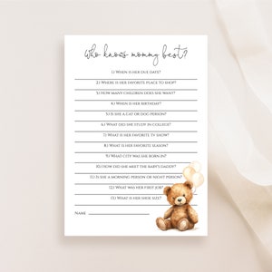 Chi conosce il miglior gioco della mamma / Gioco Teddy Bear Baby Shower / Gioco doccia stampabile / Segno di download istantaneo / N65