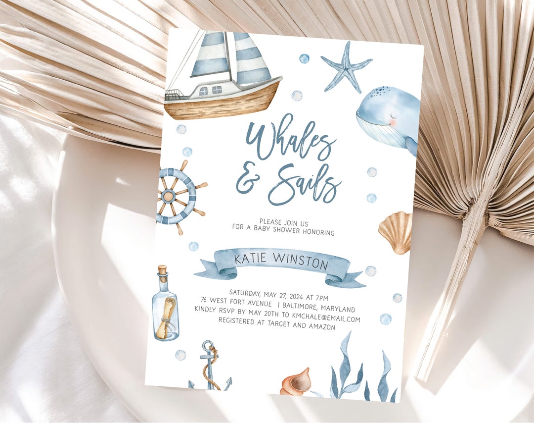 Whales and Sails Baby Shower Invitation, Sailboat Baby Shower