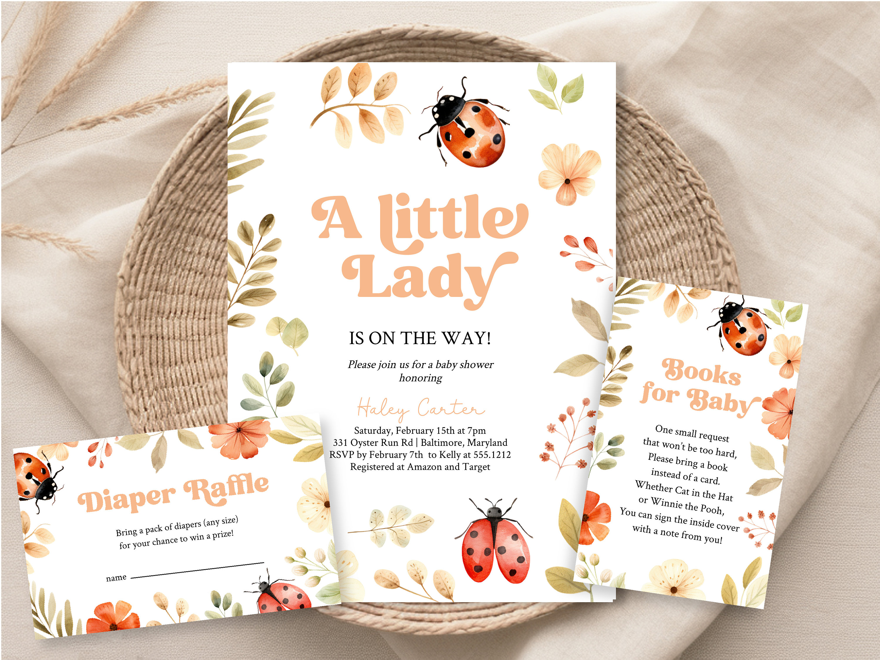 Ladybug Baby Shower Invitation Bundle, Little Lady Baby Shower Shower Editable Template, Lady Bug Digital Invitation Package, Text Invite