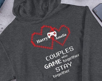 Gamer Couple Customized Hoodie. Funny personalized gaming couple hoodie. Pullover gift for game lover couple, video game, gaming enthusiast