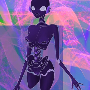 May include: A digital illustration of a purple, skeletal figure with a robotic head wearing headphones. The figure is set against a background of swirling pink and blue lines.