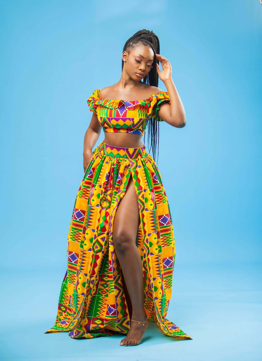 African Print Adoma 2-piece Set, Kente Top and Skirt, African