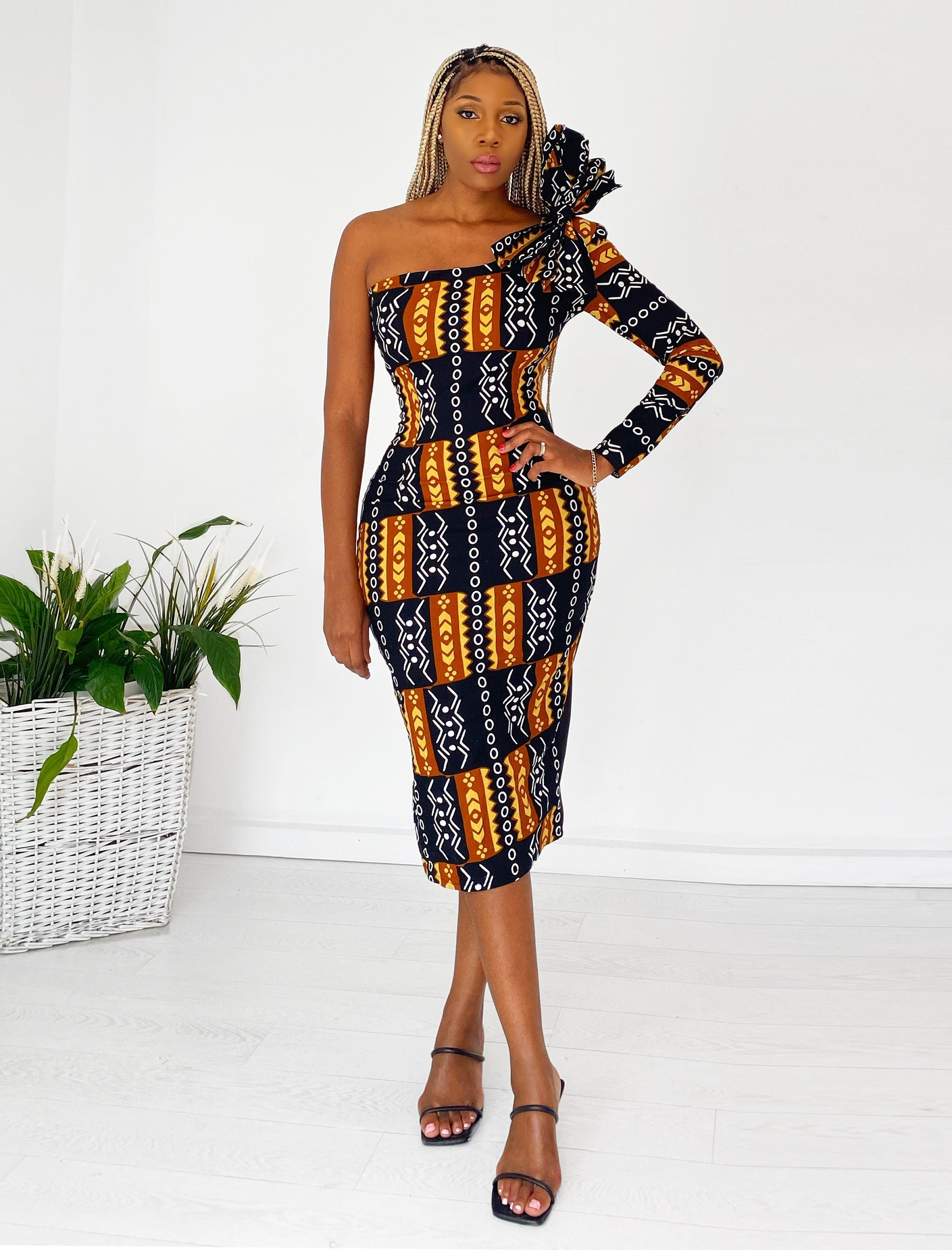 one shoulder african print dress One shoulder long african dress