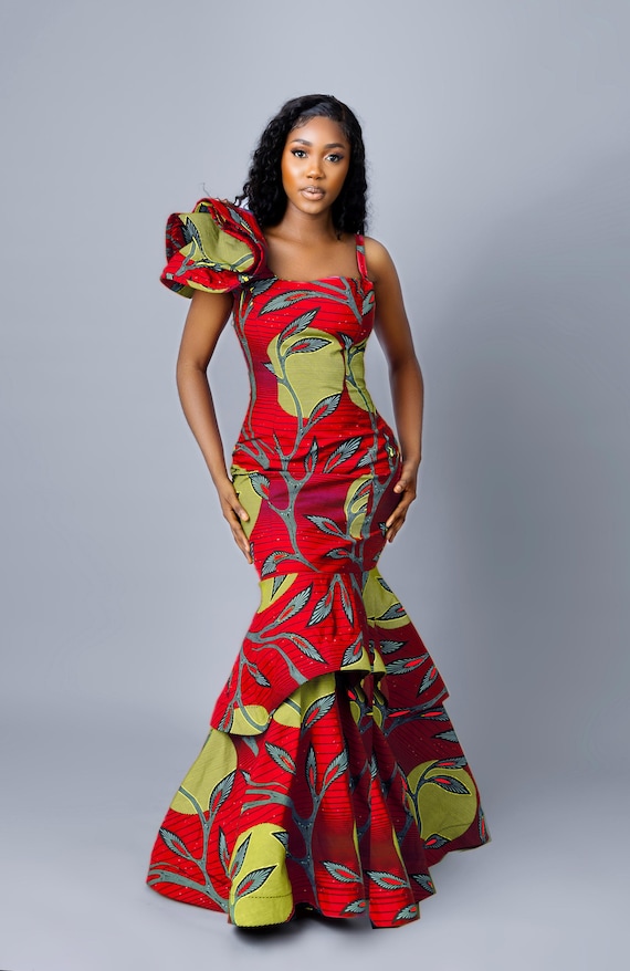 African Print Evening Dress Habiti Red, African dress, African print dress,  Kente dress, Ankara dress, African clothing, Size: 10 UK women's