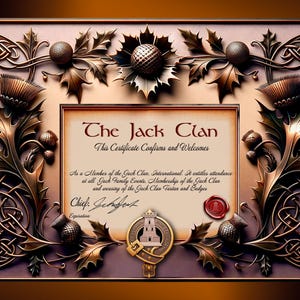 Puede incluir: Un certificado con un marco dorado adornado y un fondo morado. El texto dice "The Jack Clan" y "This Certificate Confirms and Welcomes".