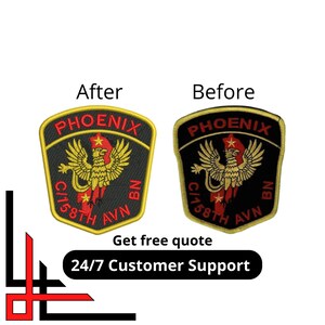 May include: Before and after images of a black and gold embroidered patch with a red phoenix and the text "PHOENIX C/1 58TH AVN BN".