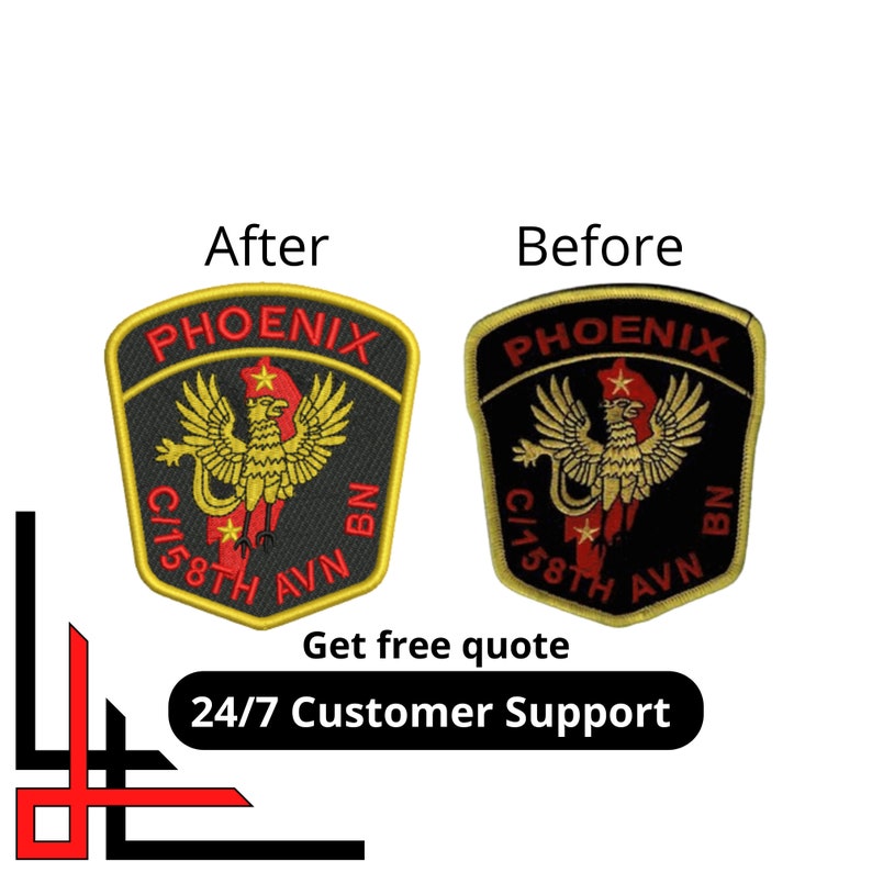May include: Before and after images of a black and gold embroidered patch with a red phoenix and the text "PHOENIX C/1 58TH AVN BN".
