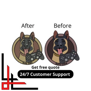 May include: Two images of a German Shepherd dog wearing a camouflage patch with a Sony PlayStation controller. The text "Sony C304" is on the patch. The text "After" and "Before" are above the images.