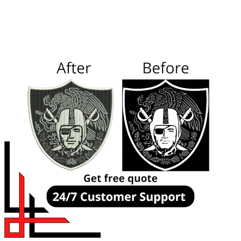 May include: Before and after images of a black and white embroidered patch featuring the logo of the Las Vegas Raiders. The logo is a shield with a skull and crossbones, an eagle, and the words "RAIDERS" in a banner.