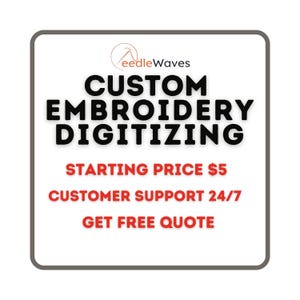 Könnte beinhalten: Eine weiße quadratische Grafik mit grauem Rand zeigt den Text "NeedleWaves" und "CUSTOM EMBROIDERY DIGITIZING" in Schwarz. Darunter stehen in Rot die Worte "STARTING PRICE $5", "CUSTOMER SUPPORT 24/7" und "GET FREE QUOTE".