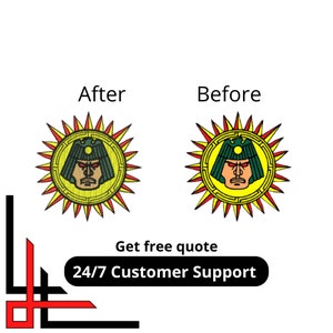 May include: Before and after image showing a digital embroidery design of a stylized sun with a face inside. The design is in shades of yellow, red, green, and black.