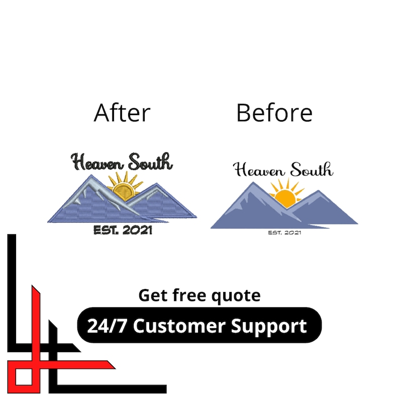 May include: Before and after images of a logo design for a business called "Heaven South". The logo features a stylized mountain range with a sun rising behind it. The text "EST. 2021" is below the mountains.